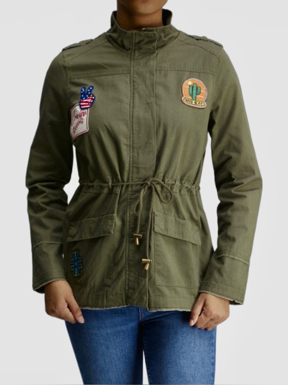 Charlotte Russe Olive Utility Jacket 100% Cotton with Patch Accents Size:Large